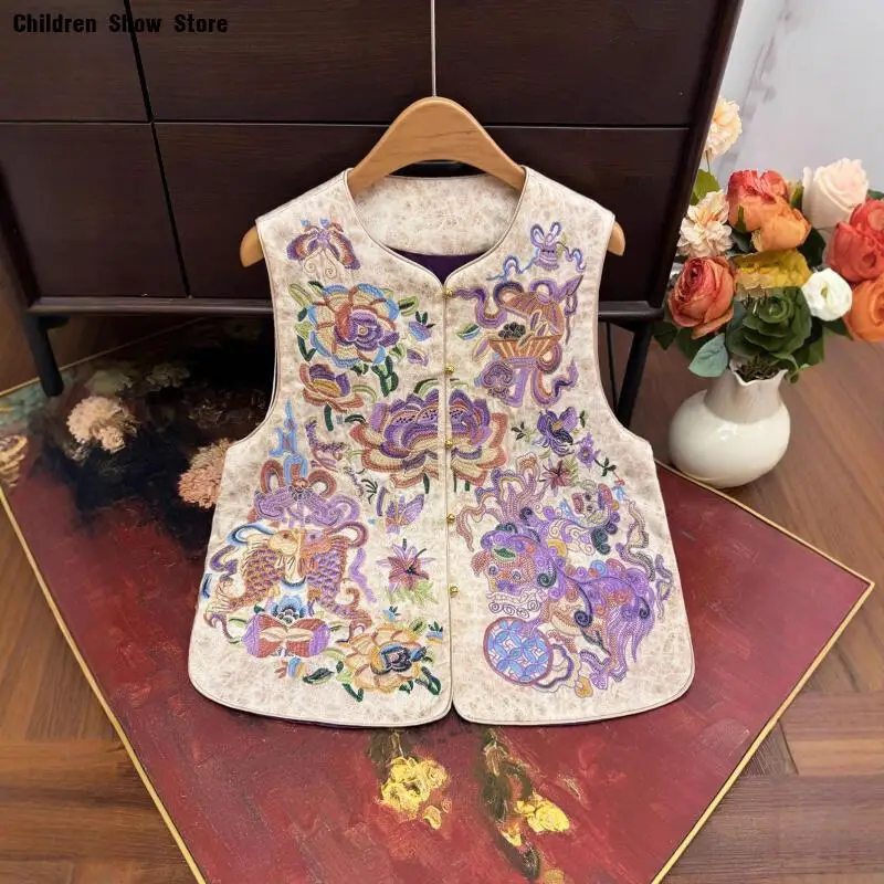 

Женский роскошный жилет-накидка из атласа в новом китайском стиле, без рукавов, с вышивкой цветов, в стиле ципао/тан, улучшенная модель