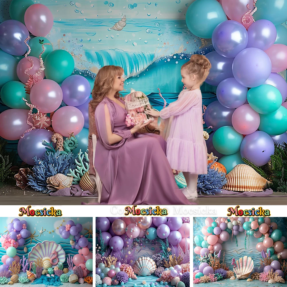 

Mermaid Princess Girl Baby Show Background Blue Undersea Purple Balloon Shiny Shell Backdrop Decor Kids Dessert Table Photobooth