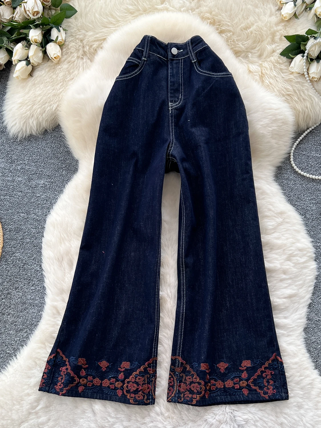 

Корейские свободные джинсы с высокой талией и вышивкой, прямые джинсы, женские осенние повседневные брюки, утягивающие широкие джинсы