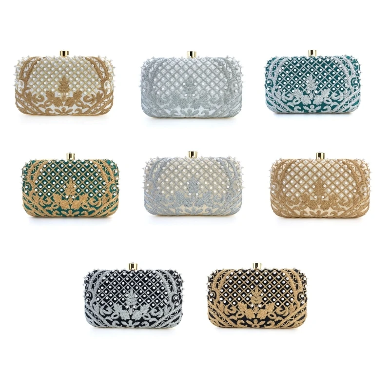 Women Evening Clutch Bag Handbag Embroidery Shoulder Crossbody Bags Wedding Prom Party Purse with Detachable Chain