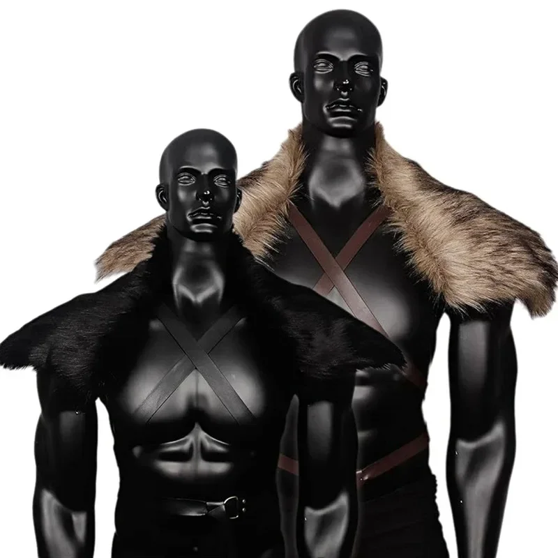 Cape en fausse fourrure pour homme, Cape d'épaule avec sangle de poitrine, col en fausse fourrure, Cape en fourrure Viking rétro, Costume de Cosplay d'halloween