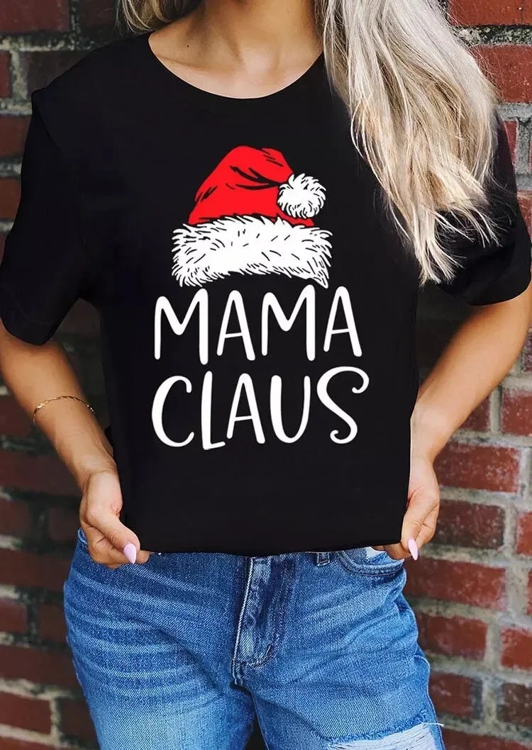 

Christmas Hat Mama Claus Print Women T Shirt Short Sleeve O Neck Loose Women Tshirt Ladies Tee Shirt Tops Camisetas Mujer