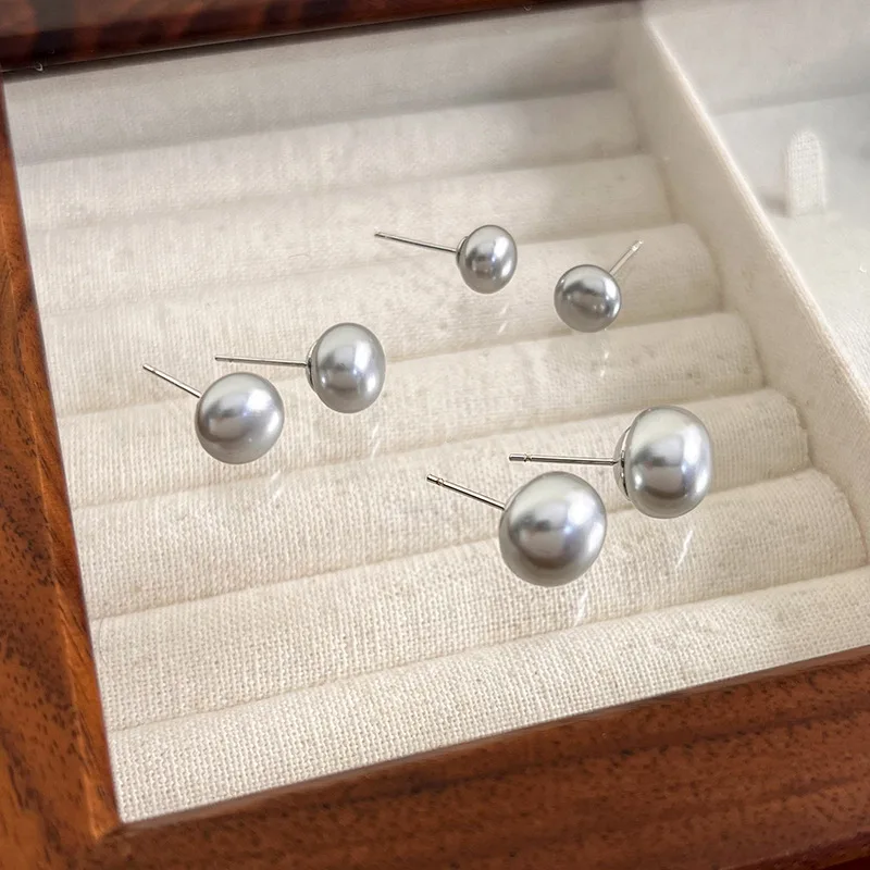 Elegant Round Pearl Stud Earrings Minimalist Style Gray Pearl Earrings for Women Small Flattened Round Ball Design