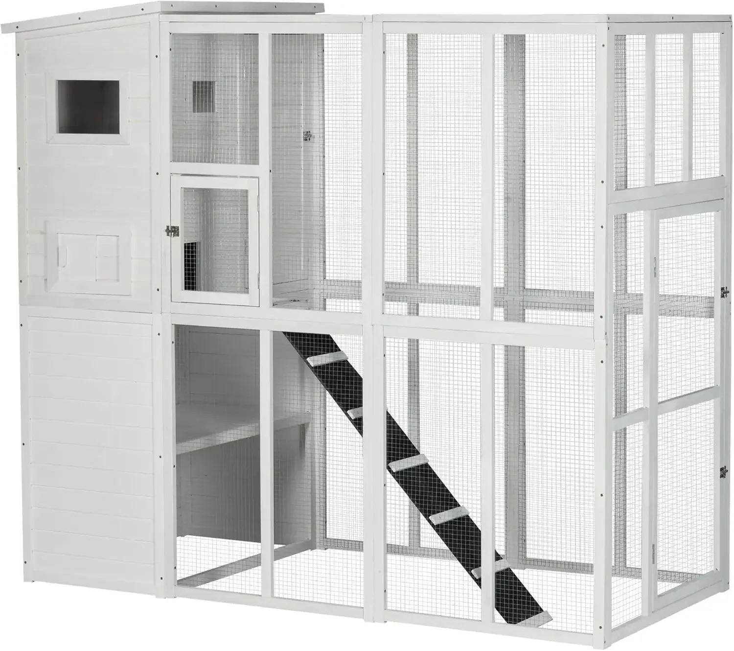 

Скандинавский уличный кошачий домик, деревянная фермерская клетка для укрытия с платформами, водонепроницаемая крыша, асфальтовые пандусы, 77 дюйма, белый