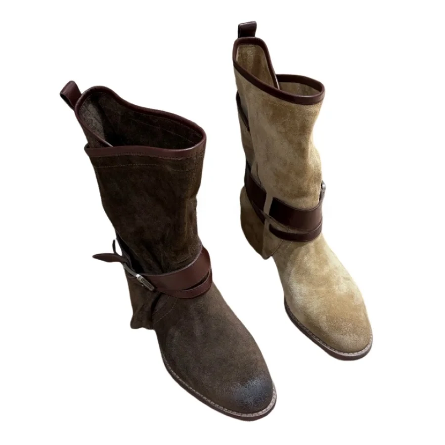 Women Khaki Suede Mid Calf Boots Metal Buckle Decor Contrast Leather Trim Low Heel Slip On Retro Western Style Autumn BH0804