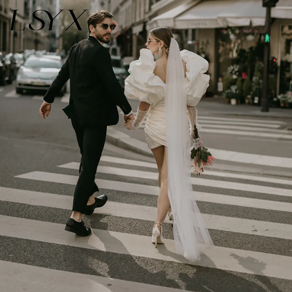 LSYX Customized Perfect Puff Sleeves Crepe Ruched White Mini Wedding Dress For Women Sheath Zipper Above Knee Short Bridal Gown