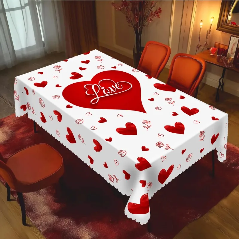 

Valentine's Day Waterproof Tablecloth Wedding Party Decorations Red Love Heart Rose Print Kitchen Dining Table Cloth Home Decor