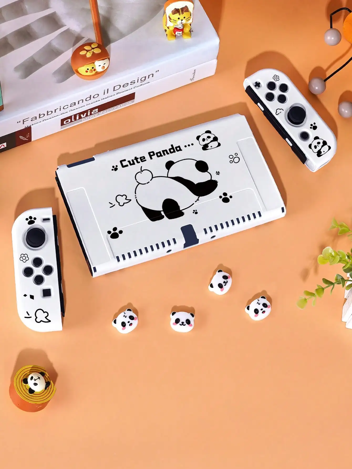 1 Pcs Cute cartoon panda Protective Case Bundle with 4pcs Grip Caps For Nintendo Switch OLED