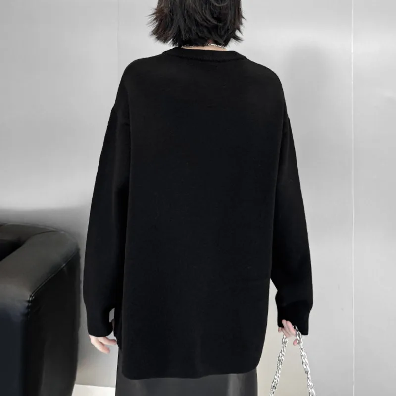 HKSH Autumn Winter New Women Sweater Asymmetric Color Block O-neck Pullover Irregular Hem Dark Trendy Casual Knitted Top HK11987