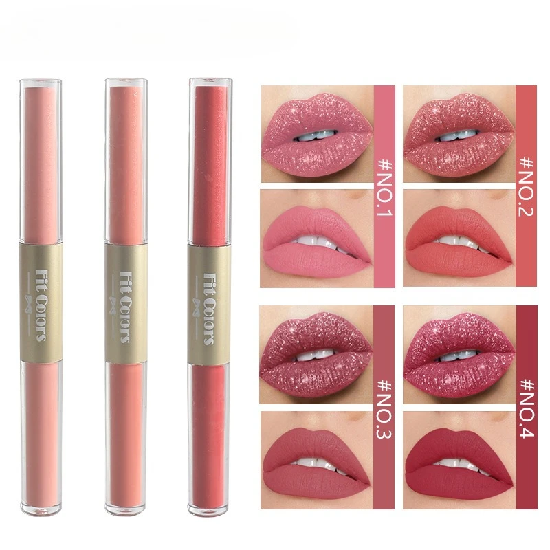Brillo de labios de doble punta 2 en 1, acabado mate y brillante, a prueba de transferencia, lápiz labial líquido resistente al agua altamente pigmentado de larga duración