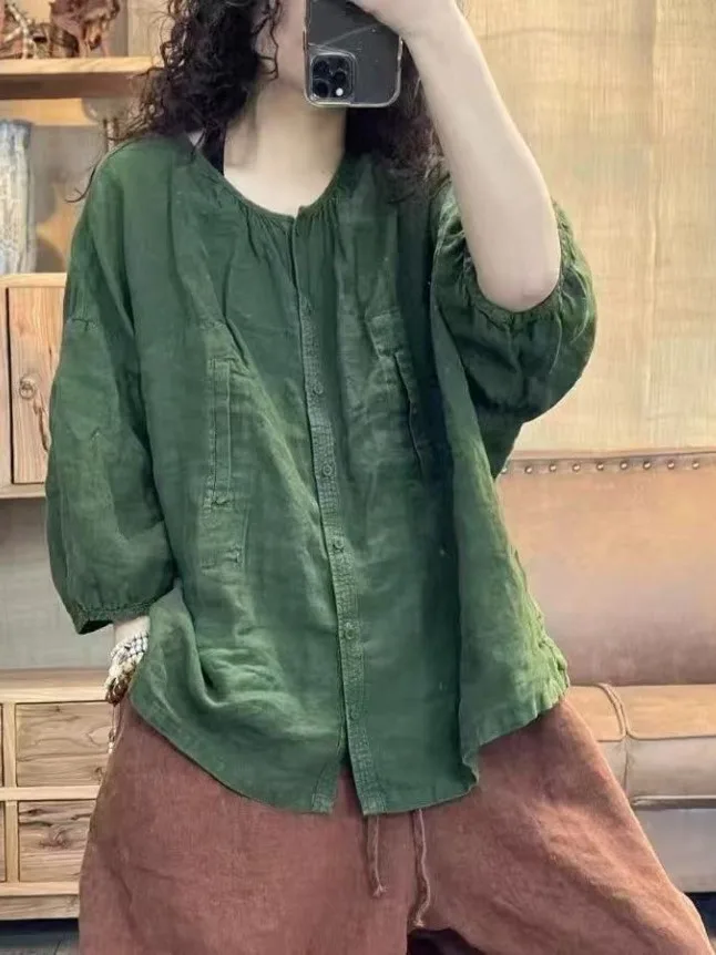 

Цветной льняной круглый Ne Overhead irt в стиле ретро, женская свободная повседневная одежда, весна-лето, новинка, универсальная удобная одежда...