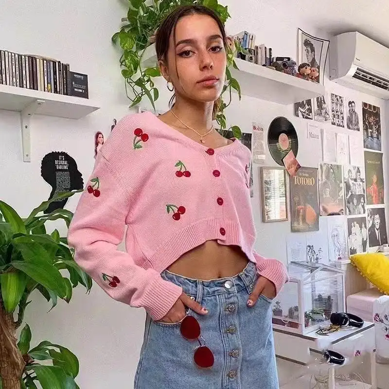 

Весенне-осенний тонкий вязаный свитер, топ V-Ne ort Sweet Girl Cherry Long Sve, открытый кардиган, маленькая женская мода
