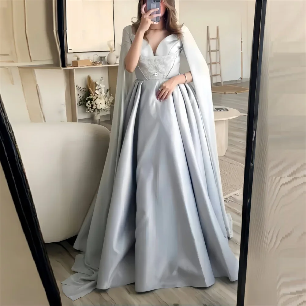 

Customized Prom Dress Formal Dearin V-neck A-line Floor Length Skirts Draped Stole Embroidery Bespoke Occasion Dresses Saudi Ara