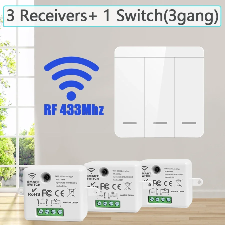 Wireless Light Wall Switch Relay Receiver RF 433Mhz 1/2/3Gang Panel Switch Remote Control Interruptor for LED Lamp 10A 110V 220V