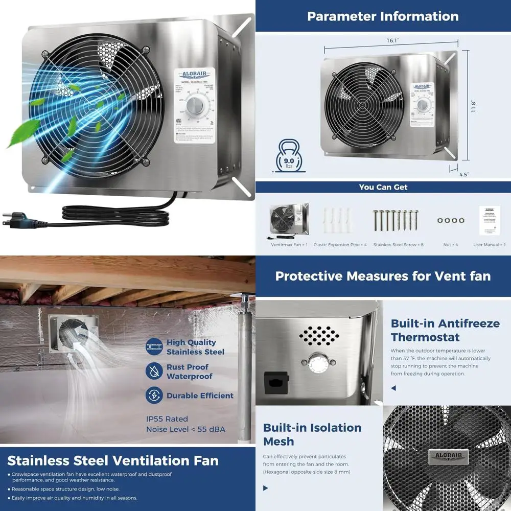 

8.1 Inch Integrated Net Foundation Ventilation Fan for Basement, Garage, Attic, and Grow Tent - IP55 Rated Stainless Steel Exhau