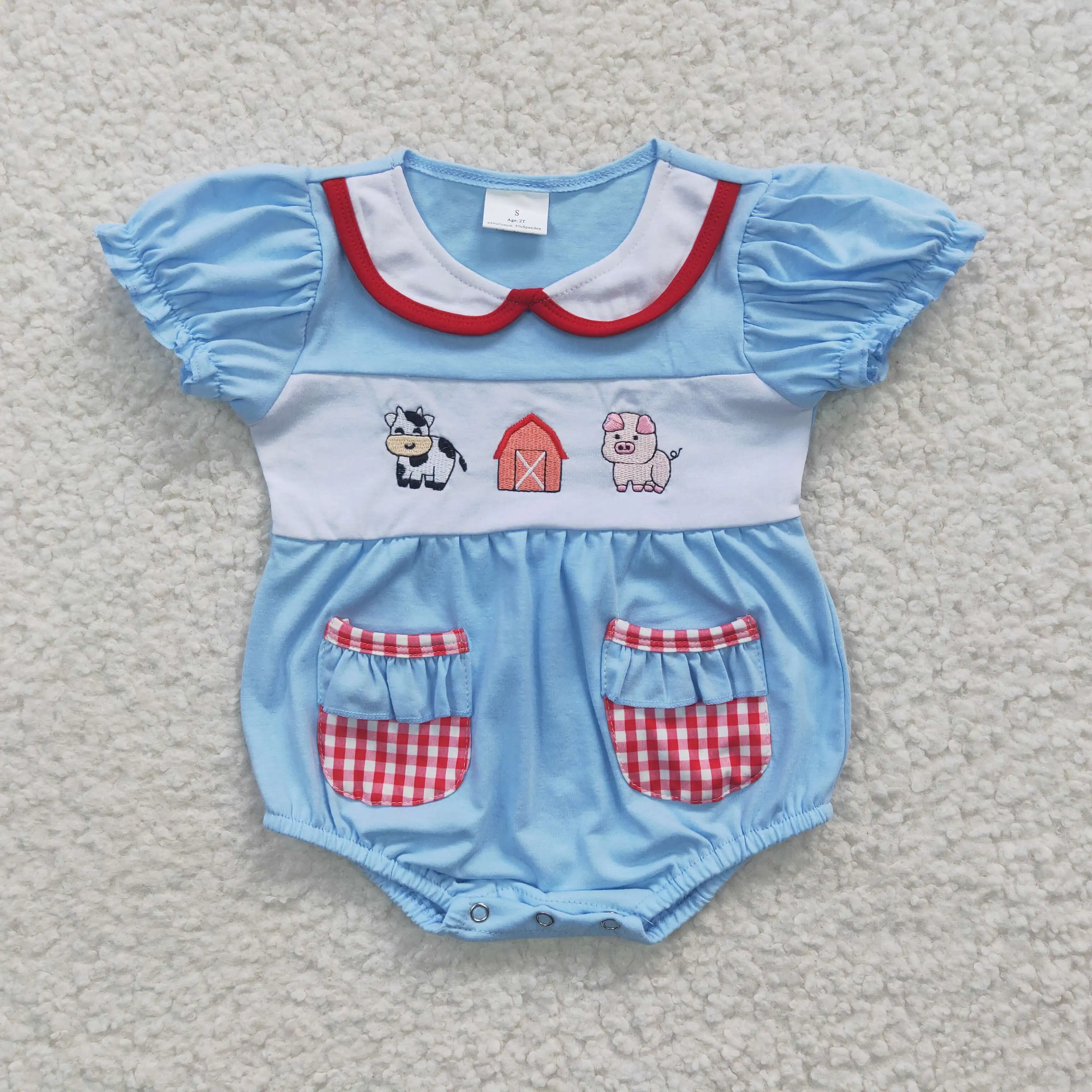 8.02 SR0263 Kids Summer Clothes Newborn Baby Stuff  Embroidery Farm Animal Print Toddler Girl Romper