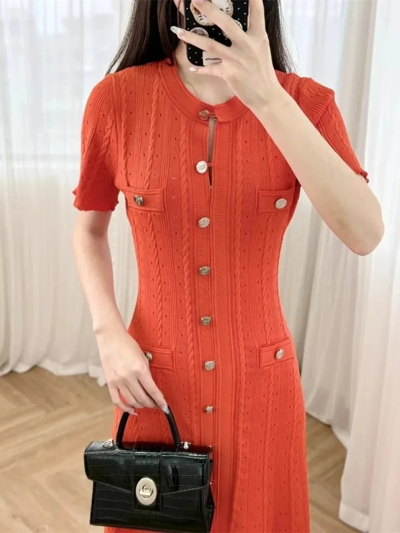 

Французское модное платье для светских мероприятий с коротким рукавом, ажурной вязкой и однобортной застежкой, для трансграничной торговли