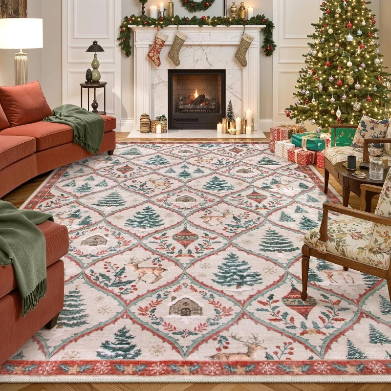 Large Living Room Carpet Non-slip Machine Washable Floor Mat Christmas Red Reindeer Print Rug Christmas Home Decorative Rugs 양탄자