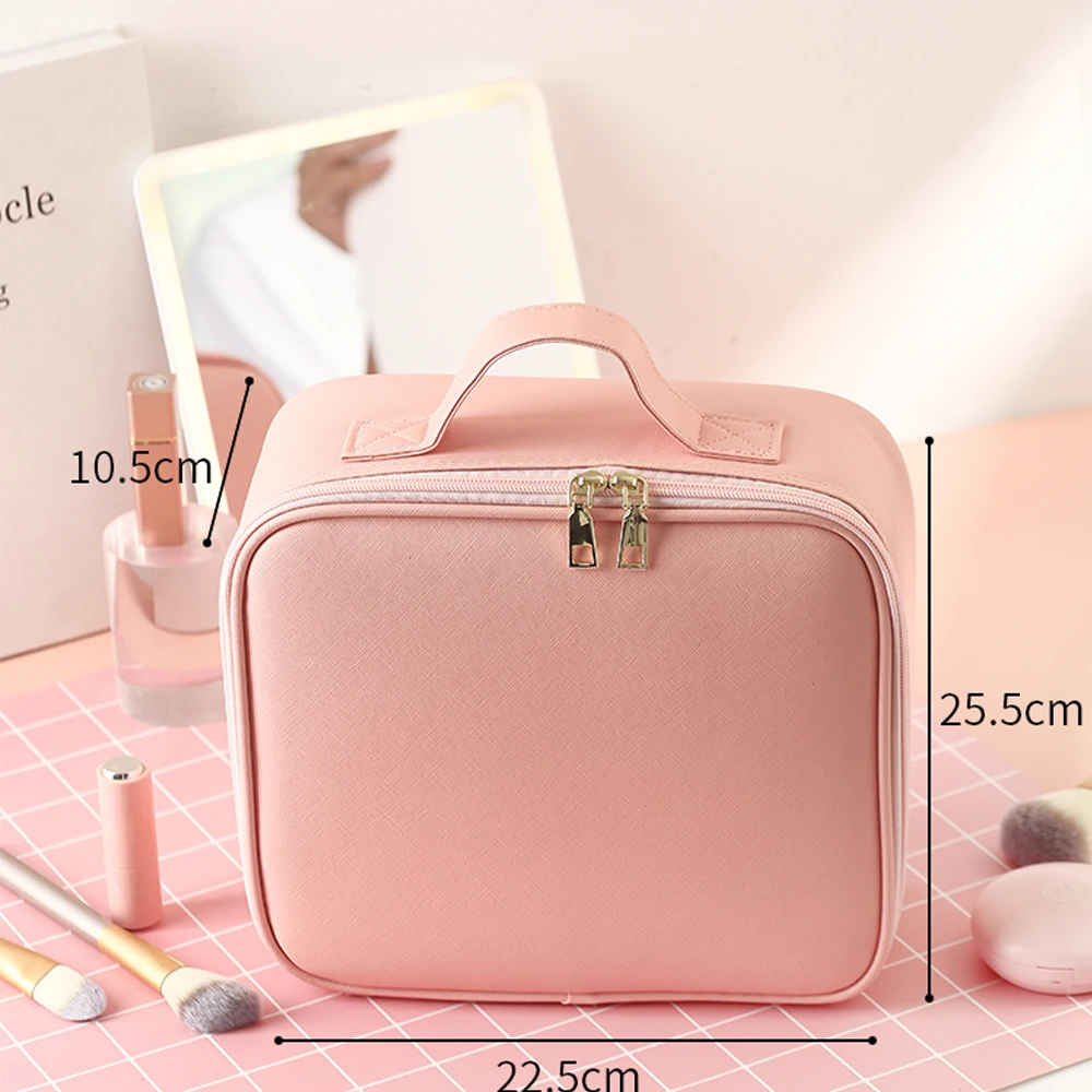 Makeup Bag with Mirror and Light Travel Makeup Train Case Cosmetic Organizer Portable Storage Bag with Adjustable Dividers