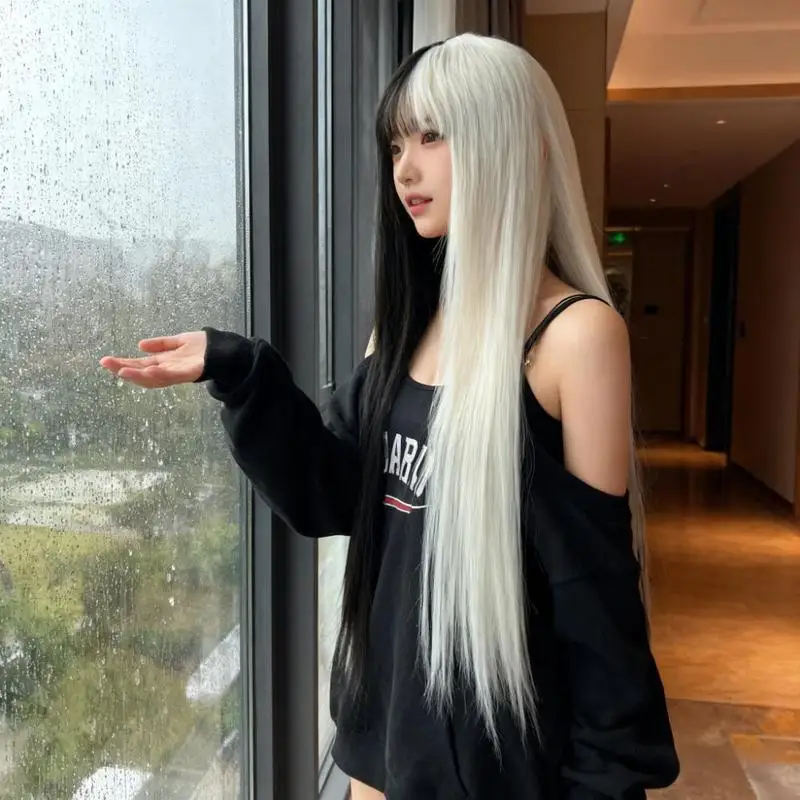 Women's dark fantasy style wig with air bangs, long straight hair, black and white two-tone, full head wig