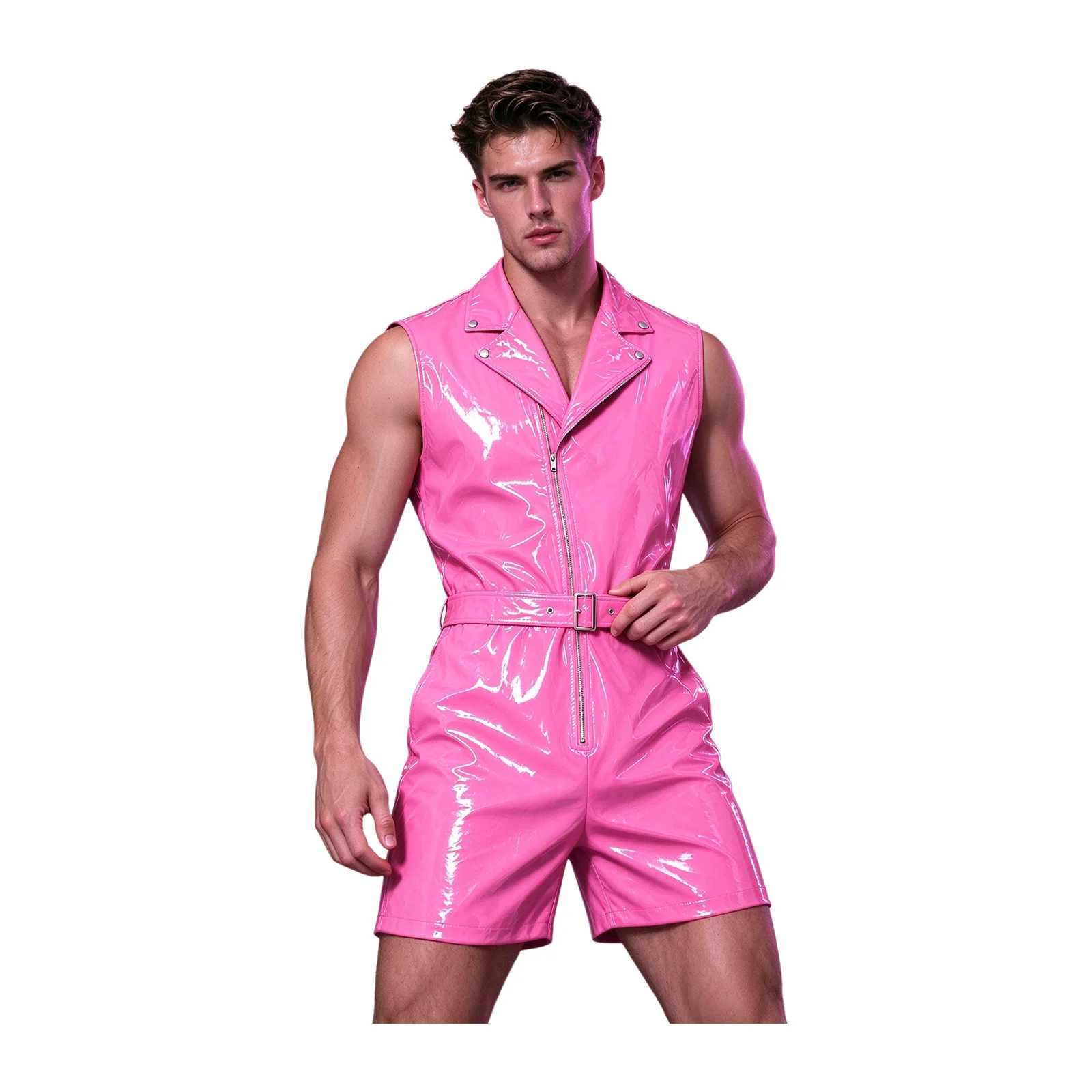 Mens Patent Leather Jumpsuit Romper Sleeveless Bodysuit with Adjustable Belt and Pockets for Clubwear Dance Party Nights Show