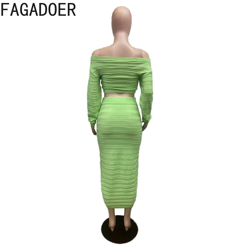 FAGADOER Fashion Off Shoulder Long Sleeve Drawstring Crop Top And Skirts Two Piece Set Casual Female Solid Matching 2pcs Outfits