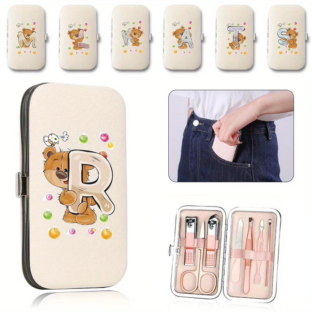 

7pcs Home Use Stainless Steel Nail Clipper Set Luxury Nail Care Kit With Portable Storage Organizer Bear Letter Pattern