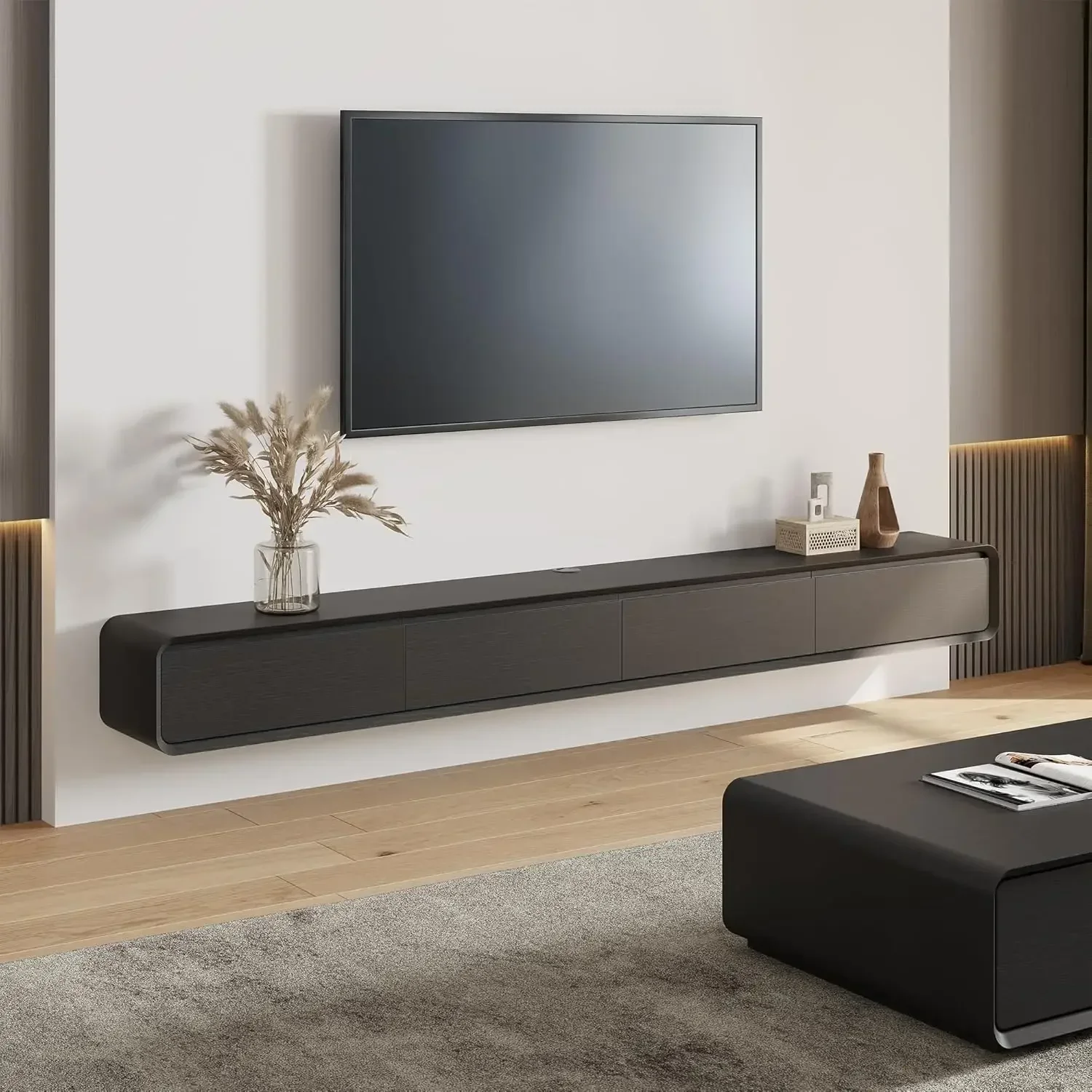 

POVISON Fully-Assembled Minimalist Floating TV Stand, Modern Wall-Mounted Entertainment Center with 4 Flip-Down Cabinet Doors, S