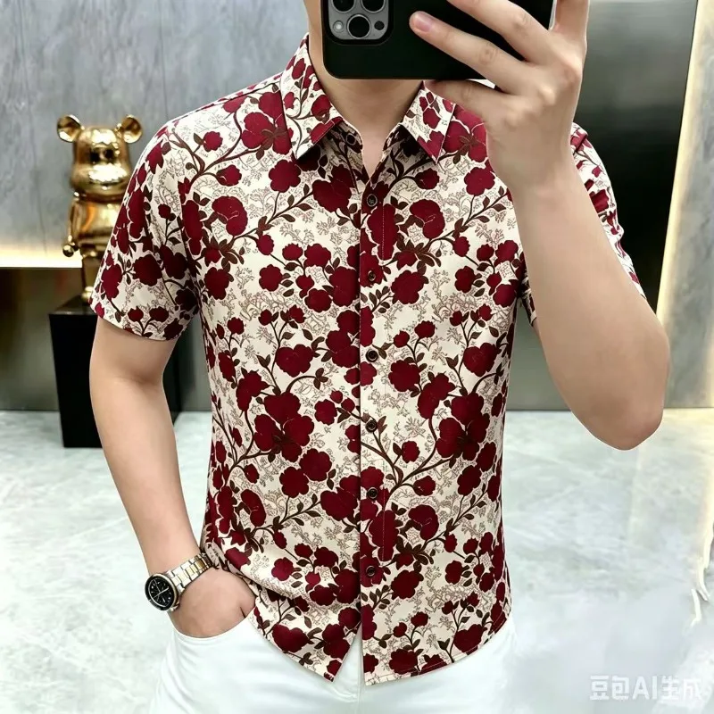 Chemise à manches courtes à imprimé floral tendance pour homme, respirante, confortable, décontractée, chemise sociale, chemise de vacances, chemise hawaïenne