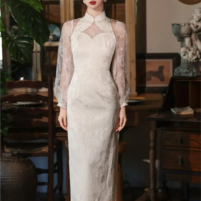 

New Chinese-style toasting cheongsam white dress suitable for people to wear daily