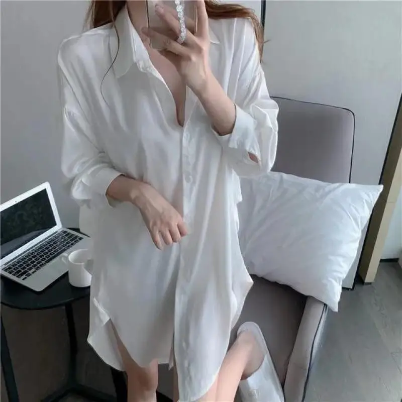 White Long Sleeve Sleepshirt Female Shirt Nightgown Nightwear Summer Nightdress Lingerie Satin Bathrobe Home Wear Loungewear