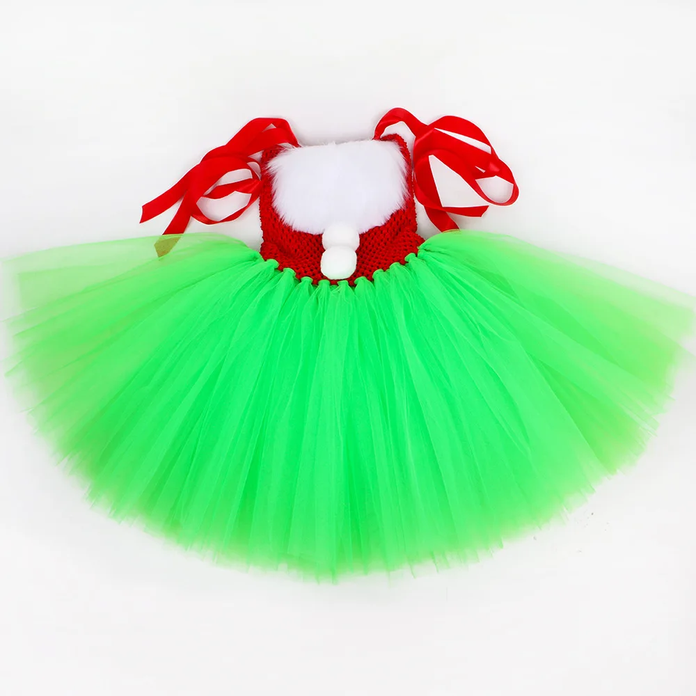 Green Tulle Tutu Dress Xmas Hat Matching Set Multi-layer Puffy Festive Gown Soft Flared Outfit Gala Elastic Waist Airy Mini Gown
