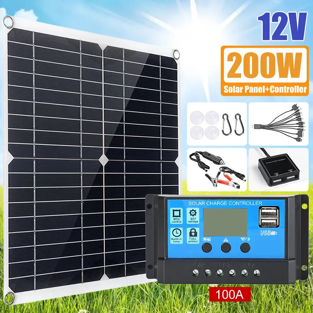 kit de painel solar controlador de carga solar duplo 5v usb 12v com saidas de 100a 200w combinacao de controlador de painel solar para barco de caravana 01