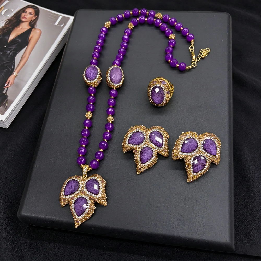 Vintage Opal Crystal Stone Jewelry Set for Women Maple Design Handmade Rhinestone Turquoise Tourmaline Necklace Earring Ring 501