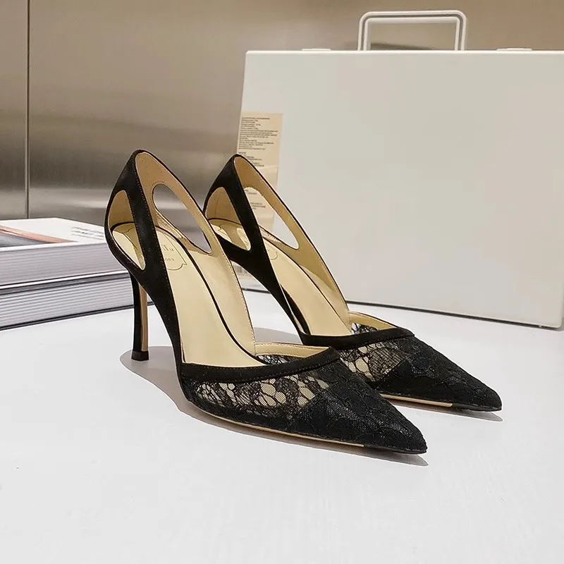 

Spring and Summer New Pointed Shallow Mouth Suede Lace Single Shoes Thin High Heels Banquet Dress Small Size Women's Sandals