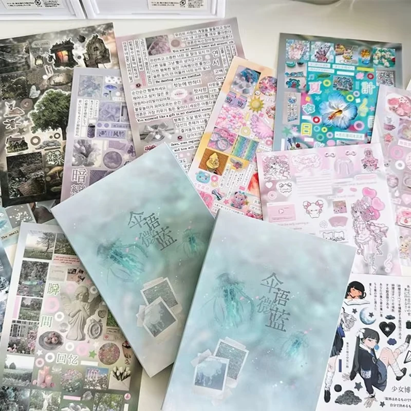 Korean Umbrella Language Light Blue Sticker Book Yanbian Cut Film Ins Hand Account Diy Decoration Material Collage Paper Book