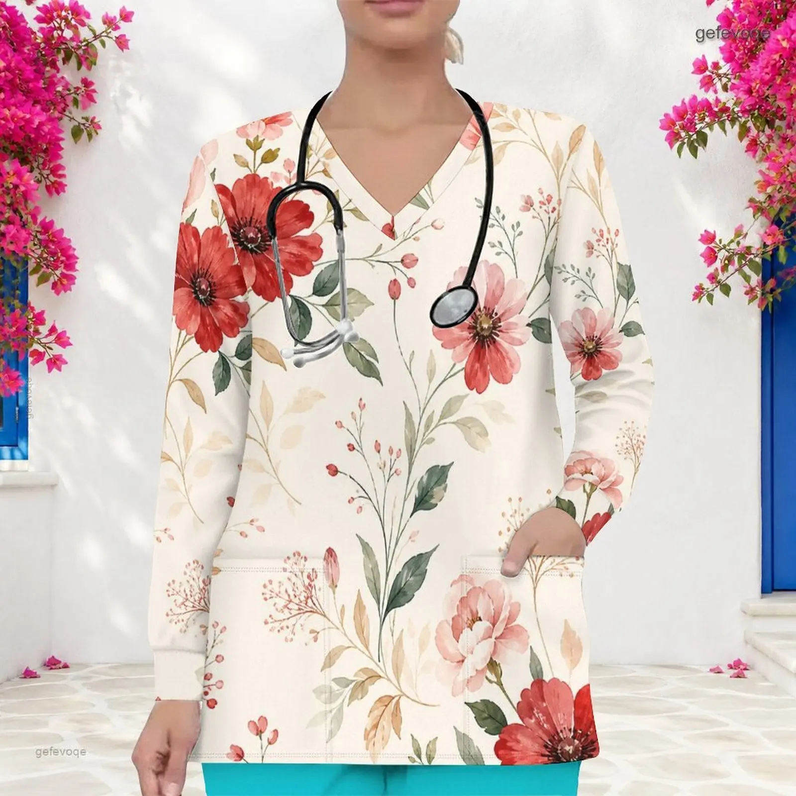 Women Scrub Top with Print V Neck Long Sleeve Front Pockets