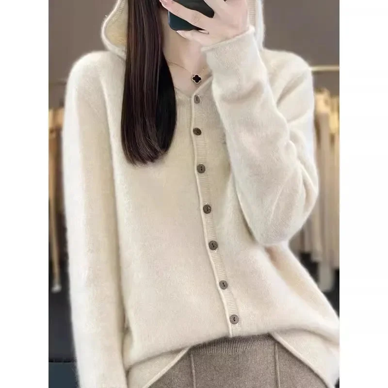Women's Sweaters 100% Merino Wool Knitted Cardigan Autumn And Winter Hoodie Loose Sweater Fashionable Versatile Coat Top