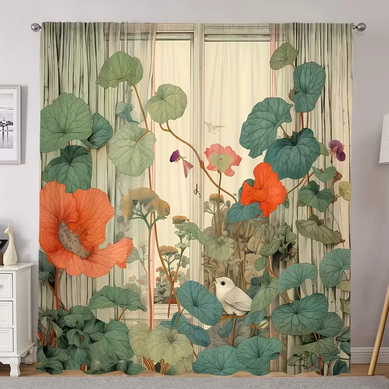 VIKAMA 2-Piece Artistic Floral Curtains, Bedroom And Living Room Curtains, Pole Pocket Design, Home Decoration