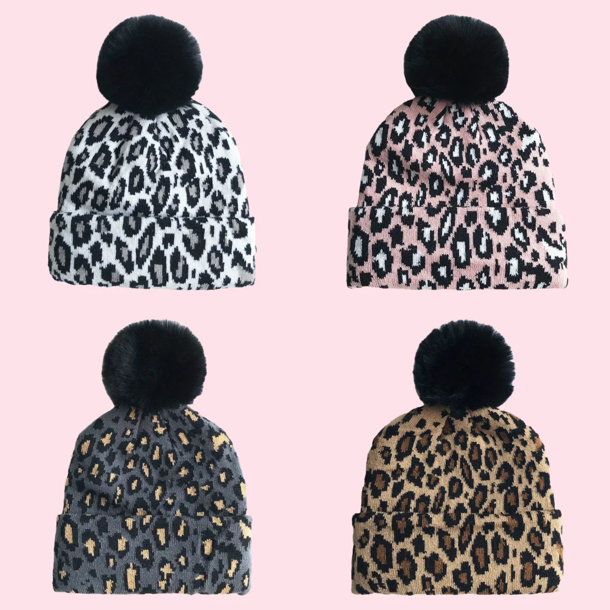 

Tide Leopard Print Pom Pom Hat Adult Fashion Warm Thick Multi-colour Large Head Autumn and Winter Hat for Men and Women