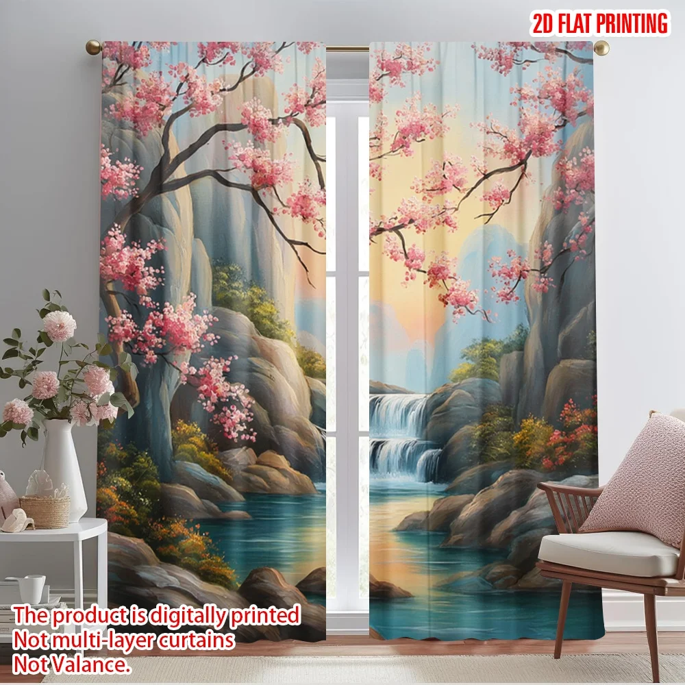 2pcs Sakura Blossom Waterfall Print Curtains Set Digital Art Nature Window Curtains for Living Room Bedroom Home Decoration