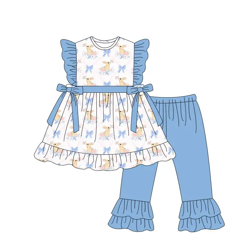 Wielkanocny butik odzież dziecięca małe latające rękawy spódnica z kokardą koronkowe spodnie dziewczynka kombinezon niemowlęcy kombinezon i koc