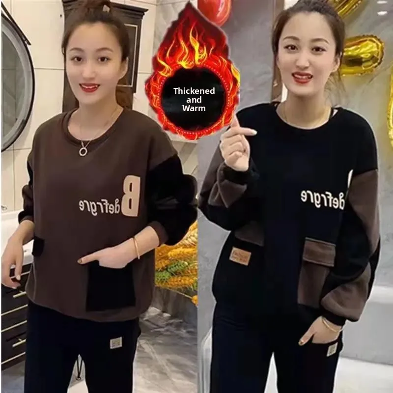 트렌디한 프린트 패치워크 후드티 캐주얼 슬림핏 패셔너블 겨울 2025 여성 스웨트셔츠 한국 스타일