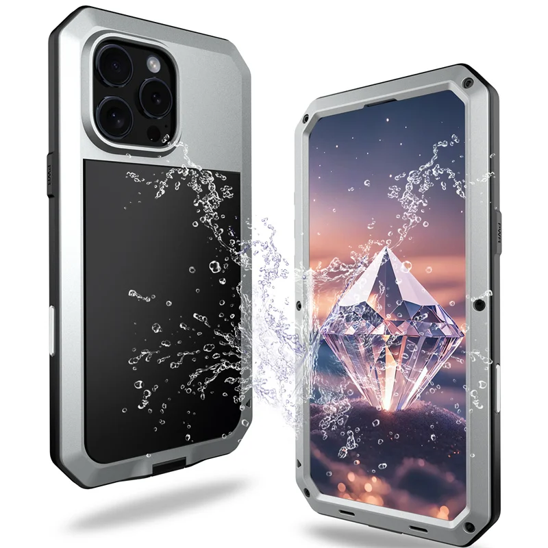 

For iPhone 16 15 14 13 12 11 Pro Max X XR 8 7 Plus Aluminum Metal Tank Case Heavy Duty Shockproof Rugged Armor Cover Screen Film