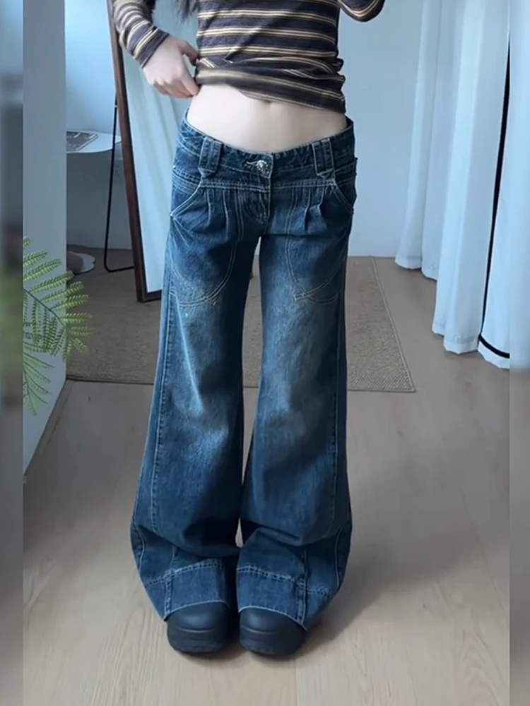 Retro Washed American Hot Girl Design Low Waist Denim Jeans Women's Floor-Length Micro Flared Pants Spring Autumn Fashion