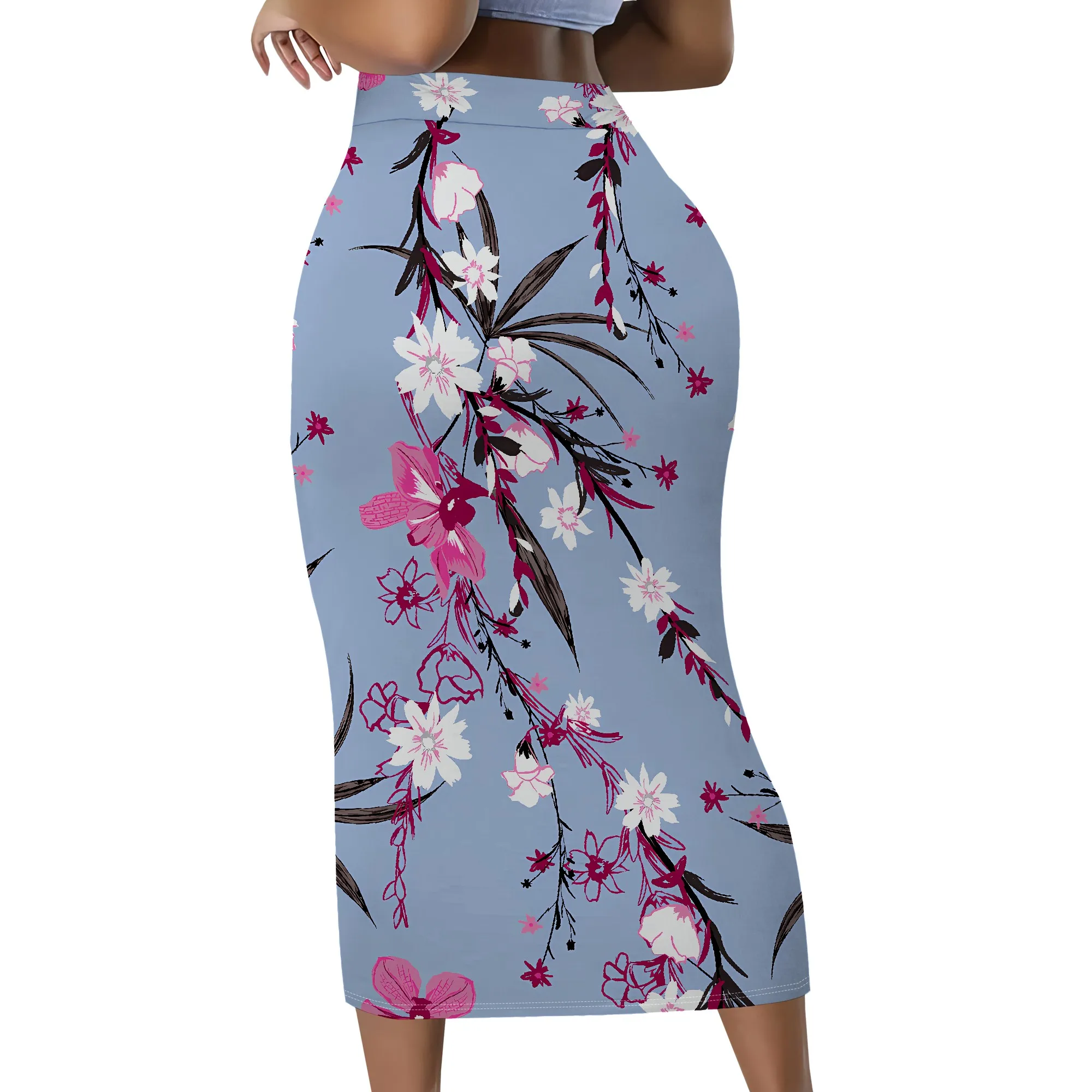 Blumendruck-Midirock, Rosa Blumen-Bleistiftrock, Blauer Botanischer Bodycon-Rock für Damen Büro- und Partykleidung, S-2XL – Detail 3