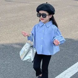 2024 Spring New Korean Children's Wear Girl Lapel Bubble Sleeves Loose and Versatile Blue Shirt Long Sleeve Shirt Doll Shirt