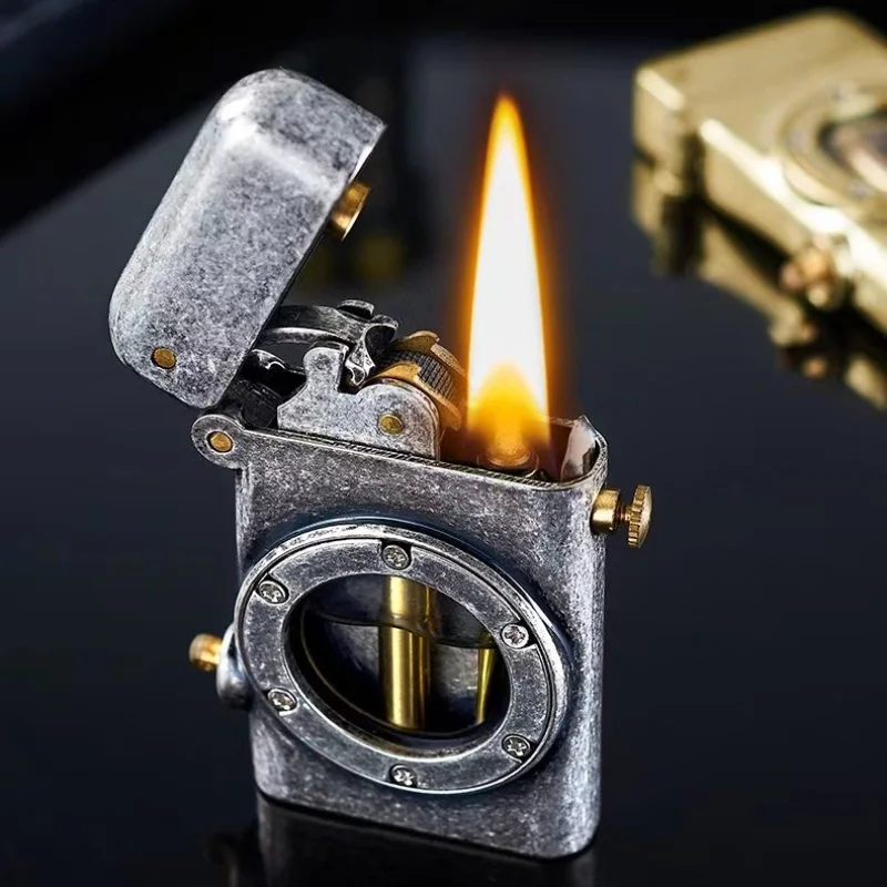 Retro Kero sene Lighter, Windproof, One Click, Pop-up Ignition, Safety Switch, Transparent Oil Tank, Men's Gift, High End, Metal