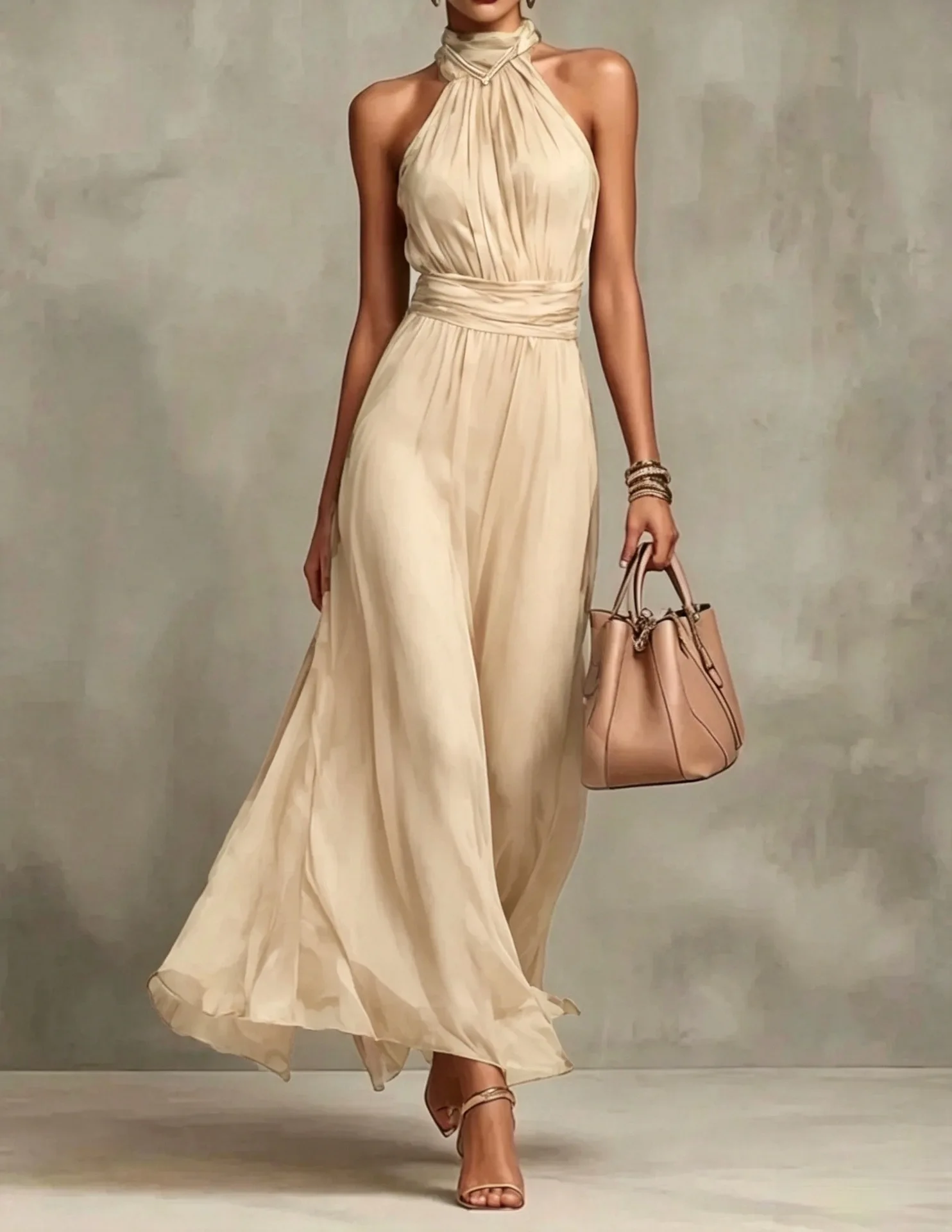 Vintage Maxikleid aus Chiffon mit Neckholder, ärmellos, rückenfrei, hoher Taille, Schlitz, fließend, mit floralem Aquarellmuster für Abend und Hochzeit – Detail 19