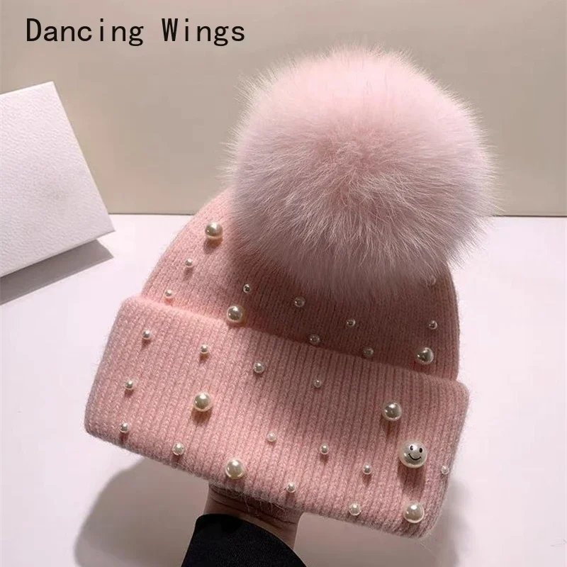 Hat Women Winter Pompom Knit Beanie Warm Autumn Real Fox Fur Pearls Skiing Accessory For Outdoors Luxury